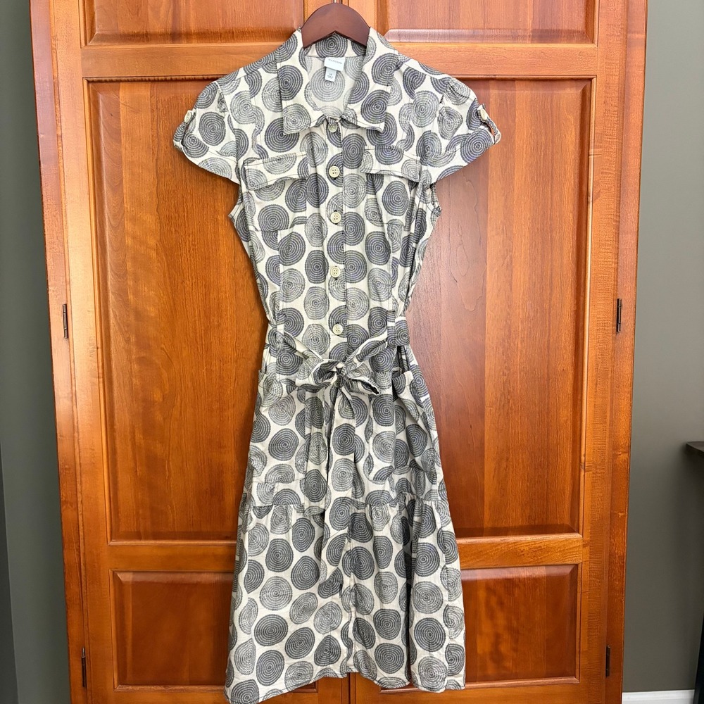 Merona Beige Black Geometric Print Button Front Belted Shirt Dress Womens 10